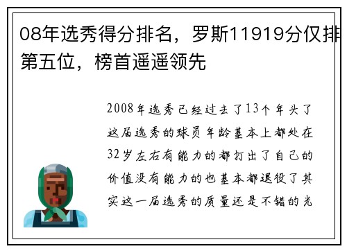 08年选秀得分排名，罗斯11919分仅排第五位，榜首遥遥领先